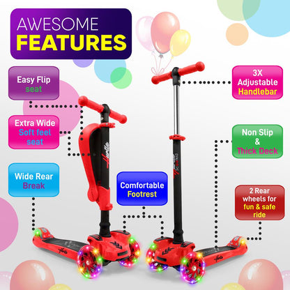 3-Wheel Kids Scooter with LED Wheels Adjustable Handlebar Foldable Seat