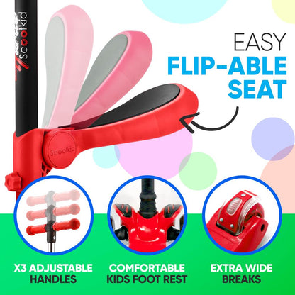 3-Wheel Kids Scooter with LED Wheels Adjustable Handlebar Foldable Seat