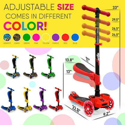 3-Wheel Kids Scooter with LED Wheels Adjustable Handlebar Foldable Seat