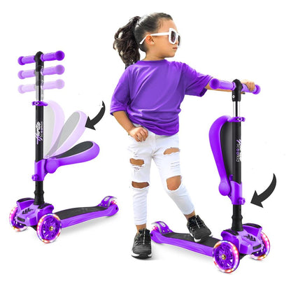Kids Scooter with Seat LED Wheels Adjustable Height Purple
