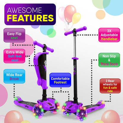 Kids Scooter with Seat LED Wheels Adjustable Height Purple