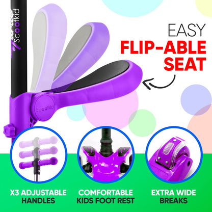 Kids Scooter with Seat LED Wheels Adjustable Height Purple