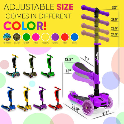 Kids Scooter with Seat LED Wheels Adjustable Height Purple