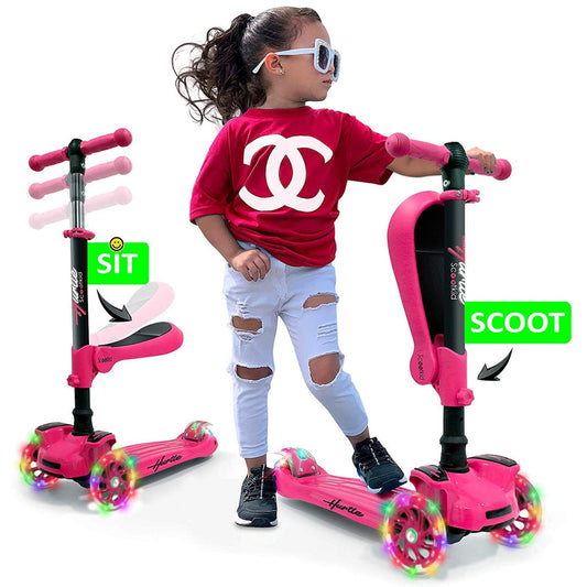 Kids Scooter with Seat LED Wheels Adjustable Height Pink