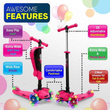 Kids Scooter with Seat LED Wheels Adjustable Height Pink