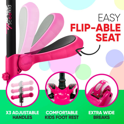 Kids Scooter with Seat LED Wheels Adjustable Height Pink