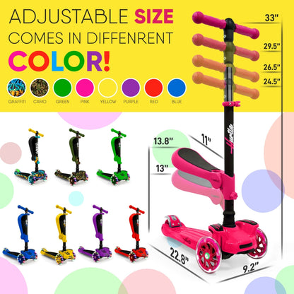Kids Scooter with Seat LED Wheels Adjustable Height Pink