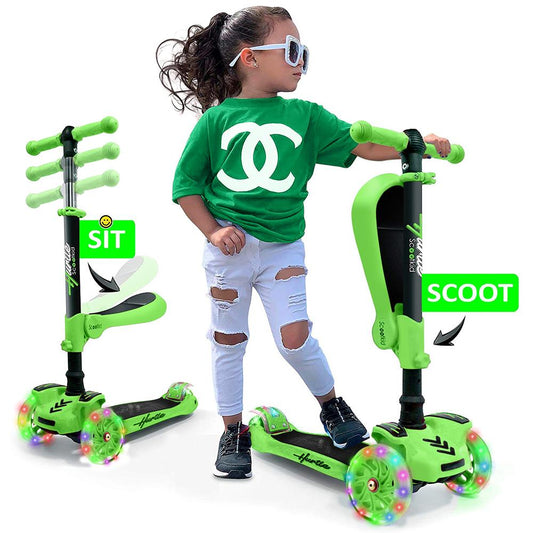 Kids Scooter with Seat LED Wheels Adjustable Height Green