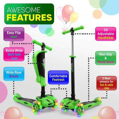 Kids Scooter with Seat LED Wheels Adjustable Height Green