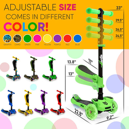 Kids Scooter with Seat LED Wheels Adjustable Height Green