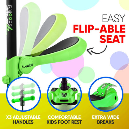 Kids Scooter with Seat LED Wheels Adjustable Height Green