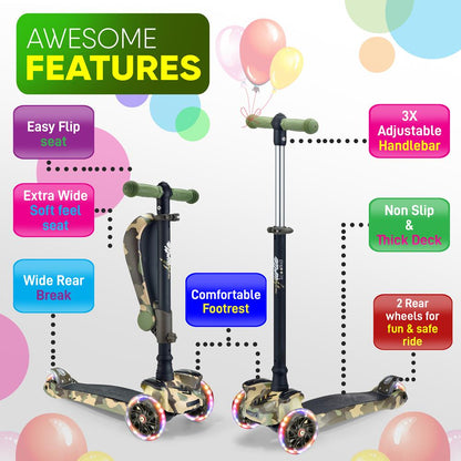Kids Scooter with Seat LED Wheels Adjustable Height Camouflage