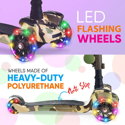Kids Scooter with Seat LED Wheels Adjustable Height Camouflage