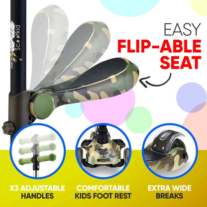 Kids Scooter with Seat LED Wheels Adjustable Height Camouflage