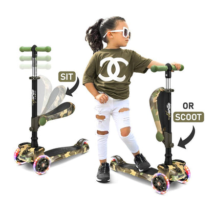 Kids Scooter with Seat LED Wheels Adjustable Height Camouflage