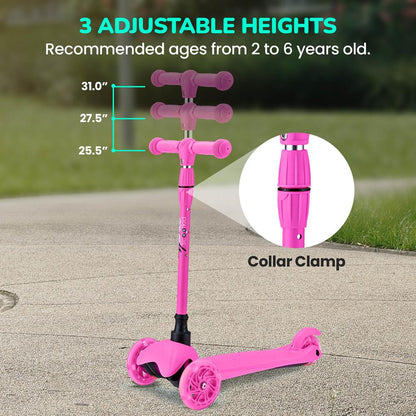 Mini Kickboard Scooter for Kids LED Wheels Adjustable Height Pink