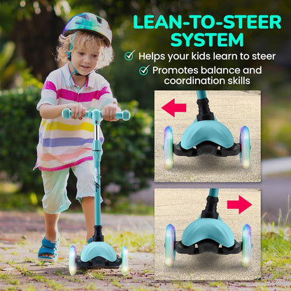 Kids Mini Kickboard Scooter Adjustable LED Wheels Anti-Slip Teal