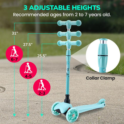 Kids Mini Kickboard Scooter Adjustable LED Wheels Anti-Slip Teal