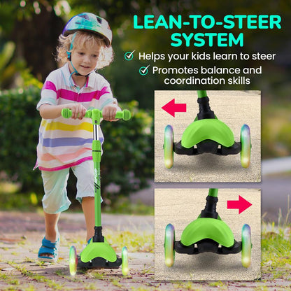 Mini Kickboard Scooter for Kids Adjustable LED Wheels Green