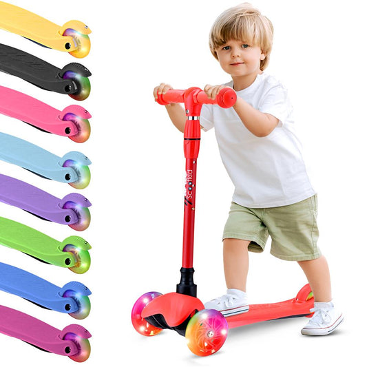 Kids Mini Kickboard Scooter Adjustable LED Wheels Anti-Slip Red