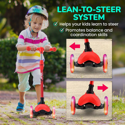 Kids Mini Kickboard Scooter Adjustable LED Wheels Anti-Slip Red