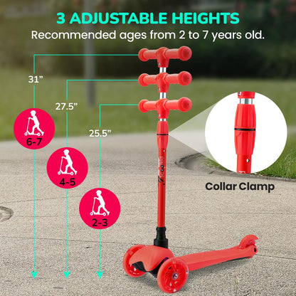 Kids Mini Kickboard Scooter Adjustable LED Wheels Anti-Slip Red