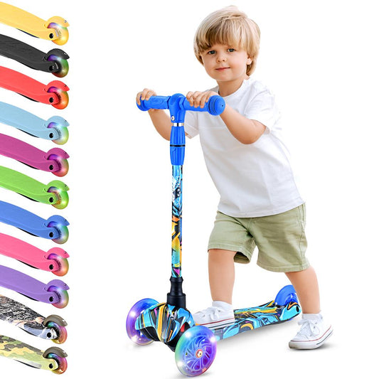 Kids Mini Kick Scooter Fun LED Wheels Adjustable Handlebar Graffiti