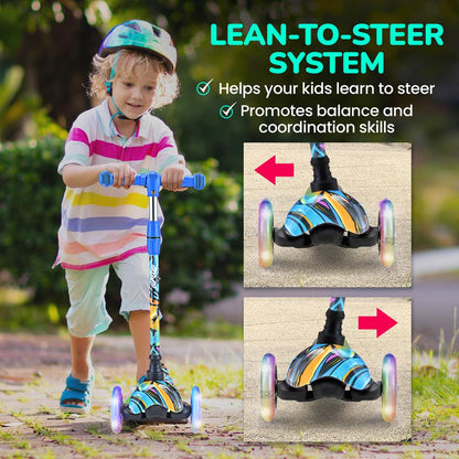 Kids Mini Kick Scooter Fun LED Wheels Adjustable Handlebar Graffiti