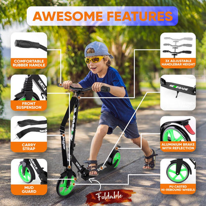 Kick Scooter for Teens & Adults Adjustable Alloy Deck Green