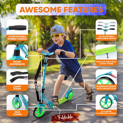 Foldable Kick Scooter for Teens & Adults Smooth Alloy Deck Teal Blue