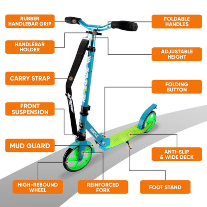 Foldable Kick Scooter for Teens & Adults Smooth Alloy Deck Teal Blue