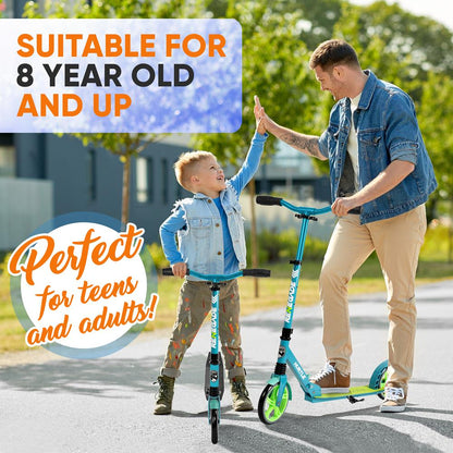 Foldable Kick Scooter for Teens & Adults Smooth Alloy Deck Teal Blue